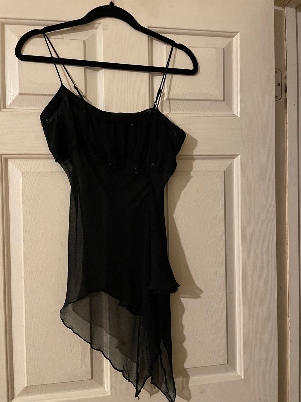Vintage Lapis 100 Silk Beaded Asymmetrical Handkerchief Cami Top Medium Black